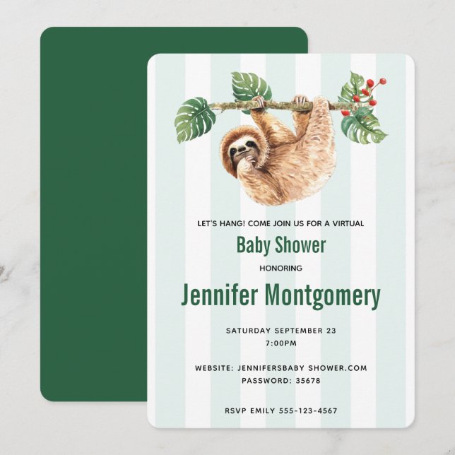 Cute Sloth Hanging Upside Down Watercolor Shower Invitation (Front/Back)