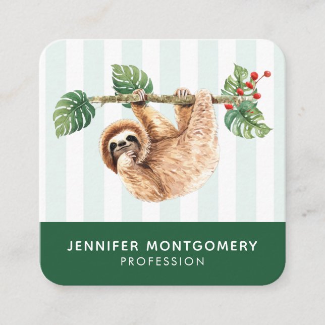 Cute Sloth Hanging Upside Down Watercolor Square Business Card (Front)