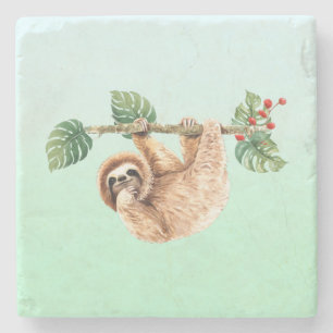 Cute Sloth Hanging Upside Down Watercolor Stone Coaster
