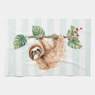 Cute Sloth Hanging Upside Down Watercolor Tea Towel