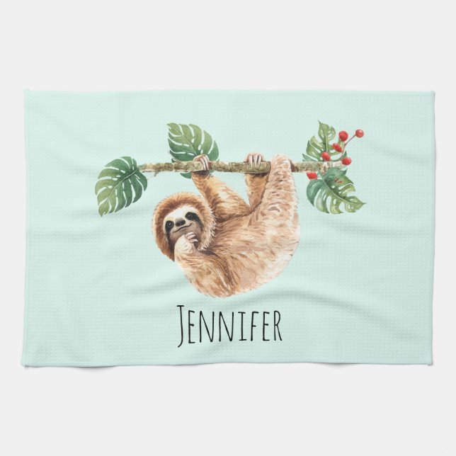 Cute Sloth Hanging Upside Down Watercolor Tea Towel (Horizontal)