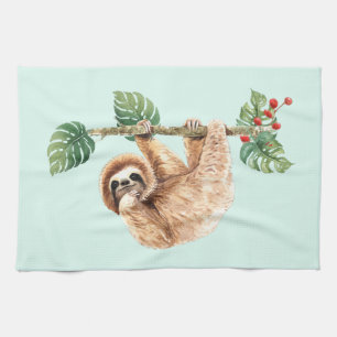 Cute Sloth Hanging Upside Down Watercolor Tea Towel
