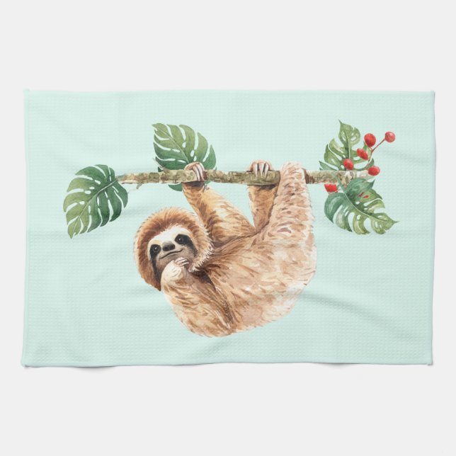 Cute Sloth Hanging Upside Down Watercolor Tea Towel (Horizontal)