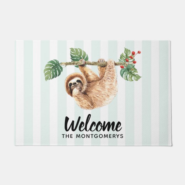 Cute Sloth Hanging Upside Down Watercolor Welcome Doormat (Front)