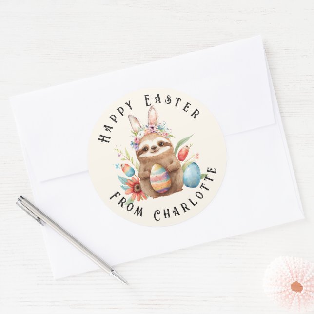 Cute Sloth Happy Easter Bunny Rabbit Eggs Name Classic Round Sticker (Envelope)