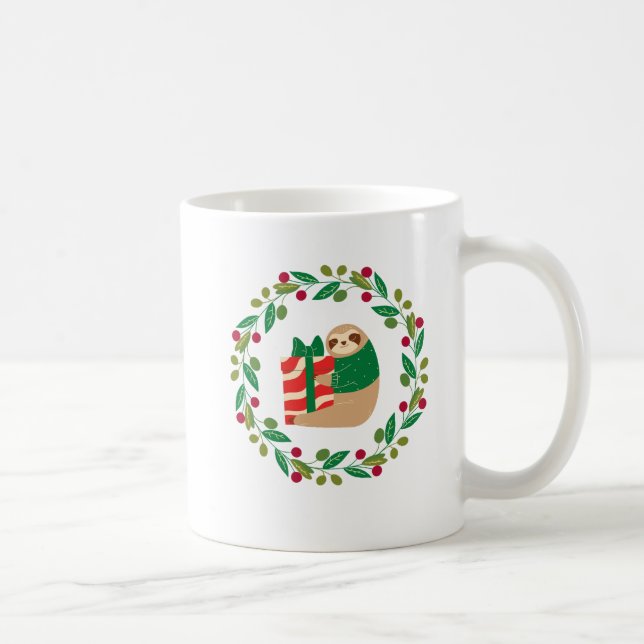 Cute Sloth Holding Gift Box in Wreath Circle Coffee Mug (Right)