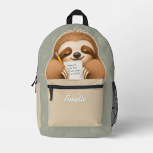 Cute Sloth Homework Helper Sage Beige Kids Printed Backpack