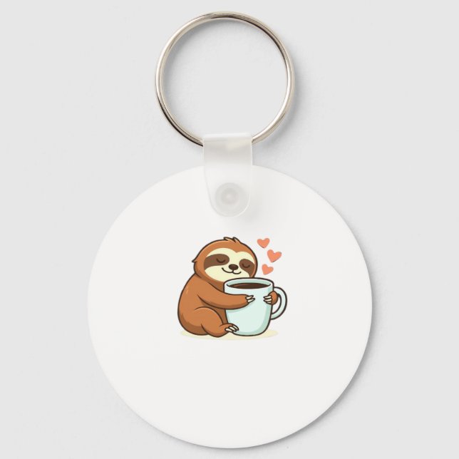 Cute Sloth Hugging Big Coffee Cup Premium T-Shirt Key Ring (Front)