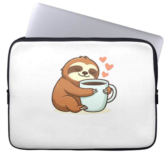 Cute Sloth Hugging Big Coffee Cup Premium T-Shirt Laptop Sleeve (Front)