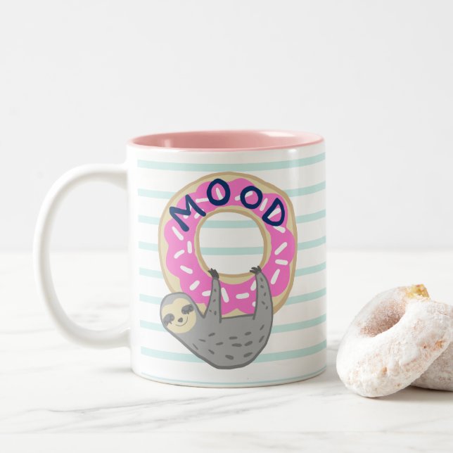 Cute Sloth Hugging Pink Iced Doughnut Mood Two-Tone Coffee Mug (With Donut)