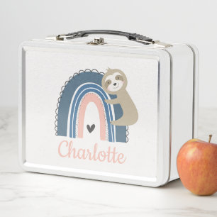 Cute Sloth Hugging Rainbow Girly School Metal Lunch Box