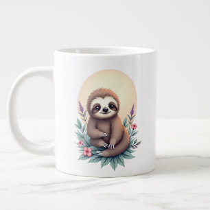 "Cute Sloth Illustration on Floral Background Large Coffee Mug