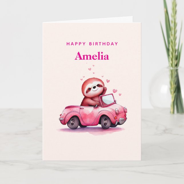 Cute Sloth in a Pink Convertible Birthday Card (Front)