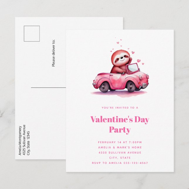 Cute Sloth in a Pink Convertible Invitation Postcard (Front/Back)