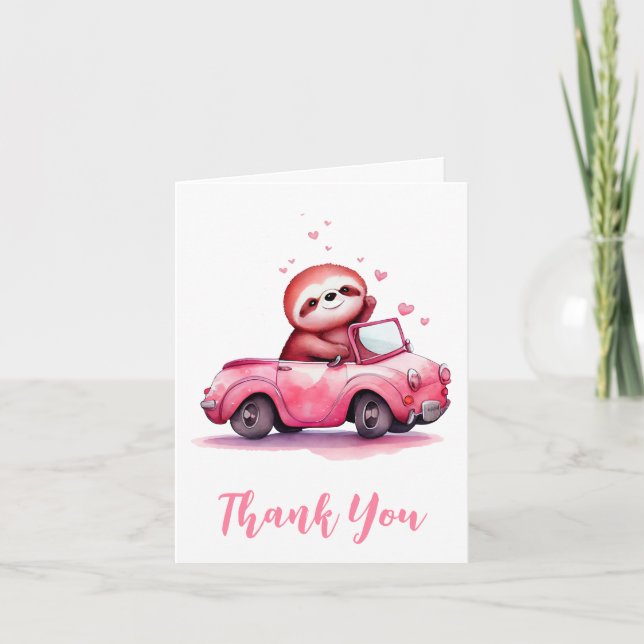 Cute Sloth in a Pink Convertible Thank You Card (Front)