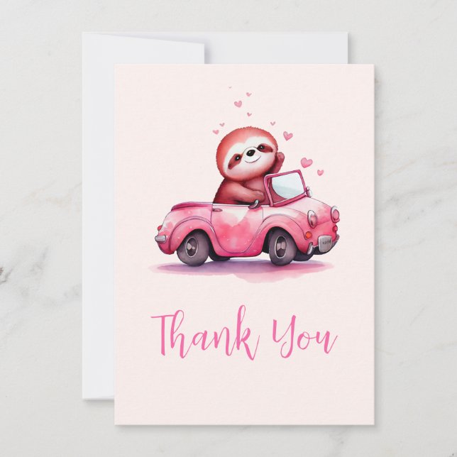 Cute Sloth in a Pink Convertible Thank You Card (Front)