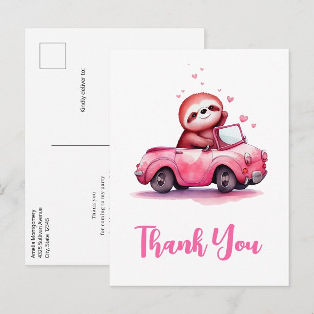 Cute Sloth in a Pink Convertible Thank You Postcard (Front/Back)