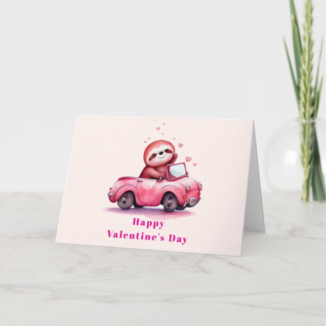 Cute Sloth in a Pink Convertible Valentine's Day Holiday Card (Front)