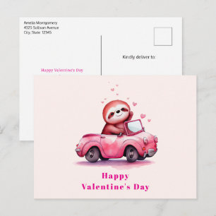 Cute Sloth in a Pink Convertible Valentine's Day Holiday Postcard