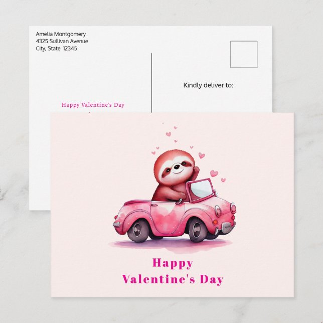 Cute Sloth in a Pink Convertible Valentine's Day Holiday Postcard (Front/Back)