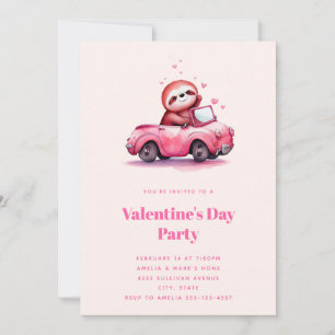 Cute Sloth in a Pink Convertible Valentine's Day Invitation