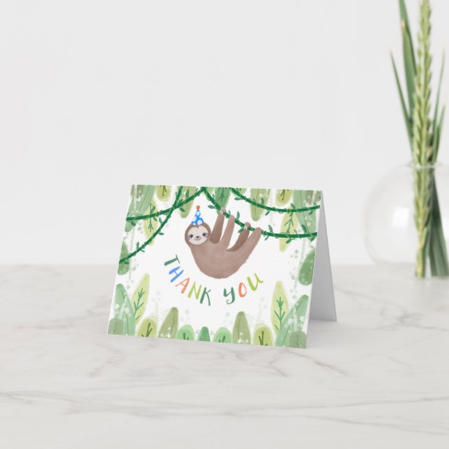 Cute sloth in blue and white party hat thank you card (Front)