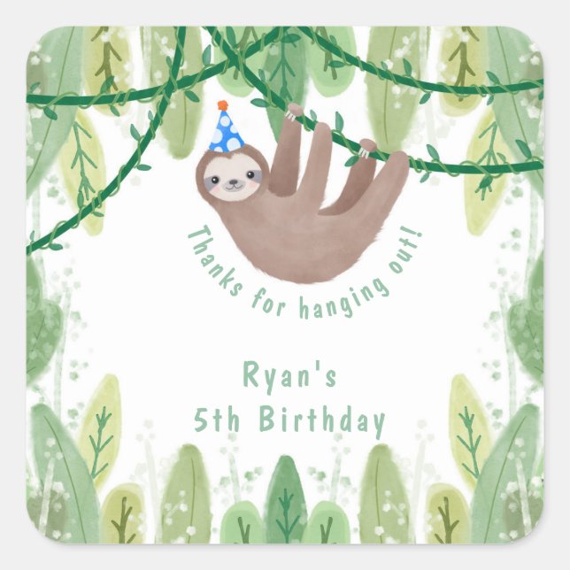 Cute sloth in blue & white polka dot party hat square sticker (Front)