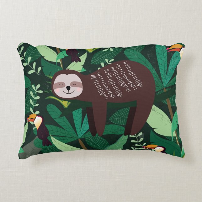 Cute sloth in green tropical illustration pattern decorative cushion (Front)