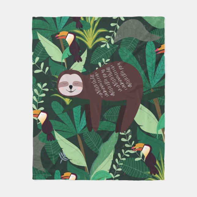 Cute sloth in green tropical illustration pattern fleece blanket (Front)