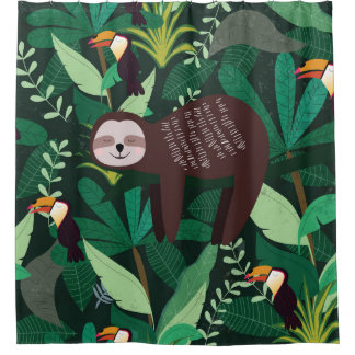 Cute sloth in green tropical illustration pattern shower curtain