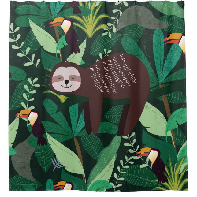 Cute sloth in green tropical illustration pattern shower curtain (Front)