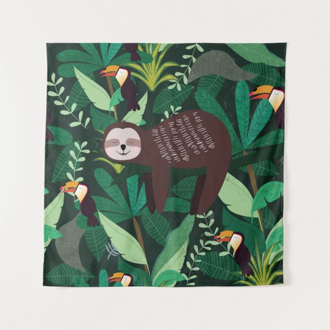 Cute sloth in green tropical illustration pattern tapestry (Front)