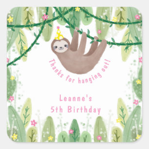 Cute sloth in yellow & white polka dot party hat square sticker