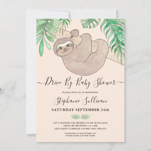 Cute Sloth Jungle Animal Drive By Baby Shower Invitation (Front)