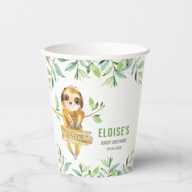Cute Sloth Jungle Greenery Boy Baby Shower  Paper Cups (Front)