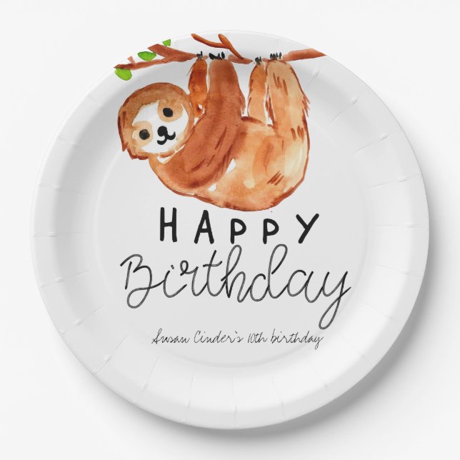 Cute sloth kid birthday party paper plate (Front)