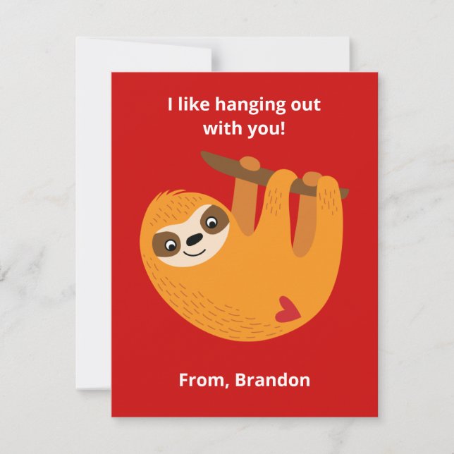 Cute Sloth Kids Valentines Day Classroom Card (Front)