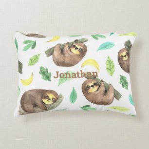 Cute Sloth on a Branch Bananas Animal Name Decorative Cushion