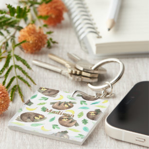 Cute Sloth on a Branch Bananas Animal Name Key Ring
