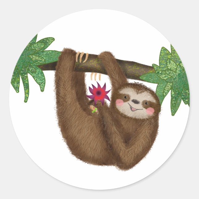 Cute sloth on a branch round stickers (Front)