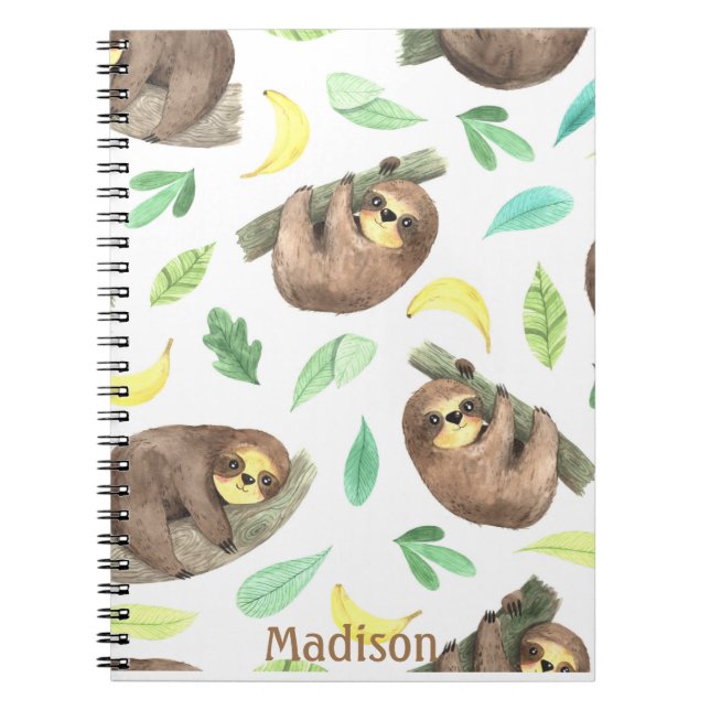 Cute Sloth on Branch Bananas Animal Name Notebook (Front)
