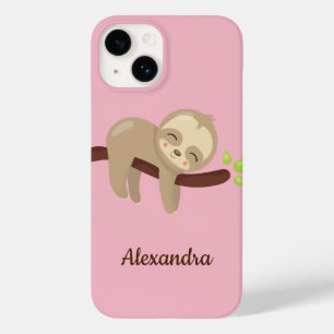 Cute Sloth on Tree Animal Illustration Pink Case-Mate iPhone 14 Case
