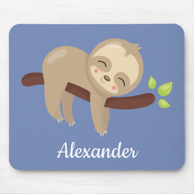 Cute Sloth on Tree Kawaii Animal Illustration Blue Mouse Mat (Front)