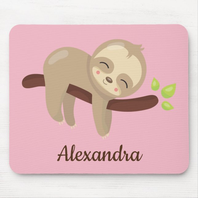 Cute Sloth on Tree Kawaii Animal Illustration Pink Mouse Mat (Front)