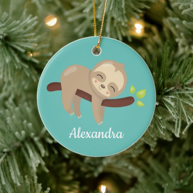 Cute Sloth on Tree Kawaii Animal On Teal Ceramic Tree Decoration (Tree)