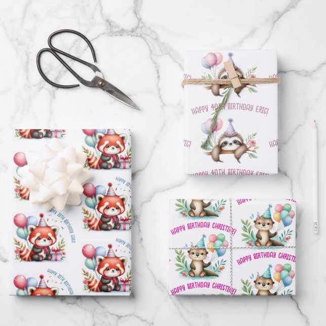 cute sloth otter red panda birthday celebration wrapping paper sheet (Front)