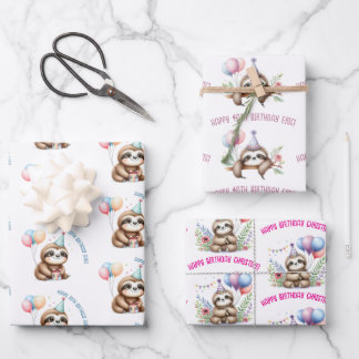 cute sloth over birthday celebration gift wrapping paper sheet