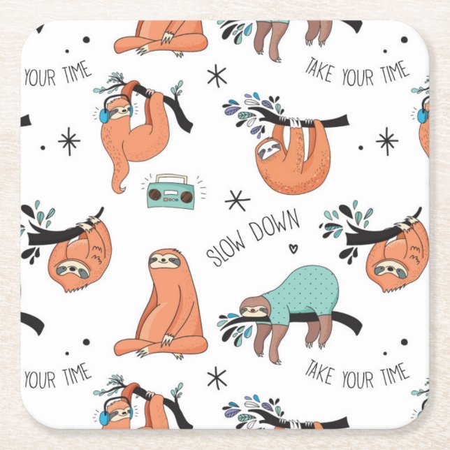 Cute Sloth Pattern Square Paper Coaster (Front)