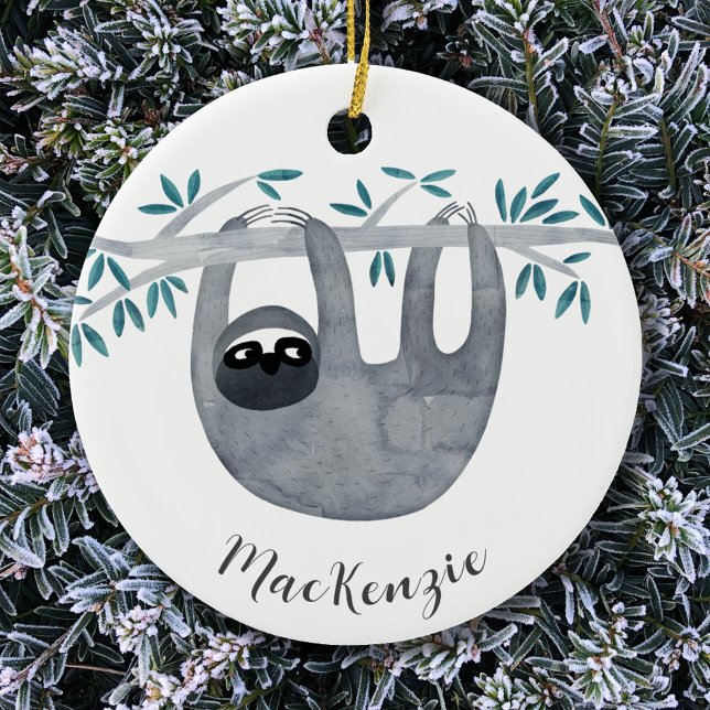 Cute Sloth Personalised Ceramic Tree Decoration (Cute watercolor sloth personalized name script ceramic ornament)