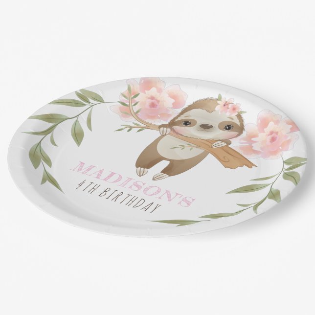 Cute Sloth Personalised Girl Birthday  Paper Plate (Angled)